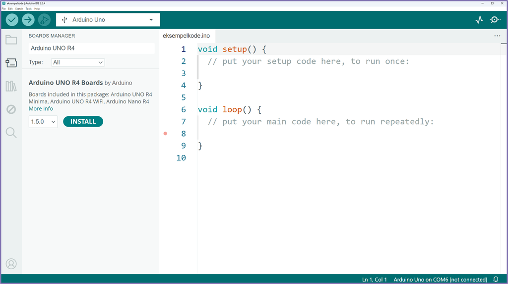 Skjermbilde fra Arduino IDE som viser at bibliotek for Arduino R4 er hentet inn i programmet. Skjermutklipp.