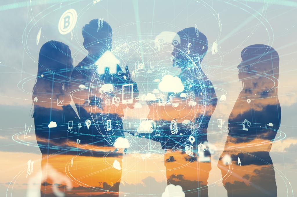 Fire personar står og diskuterer. Ein klode er plassert framfor dei på biletet. Grafisk illustrasjon.