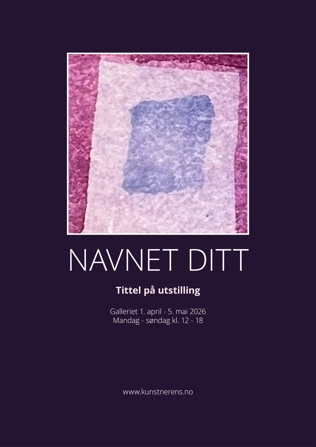 Eksempel på reklameplakat til en utstilling. Det står navn, tittel, hvor og når det skal være, samt en nettstedadresse. Illustrasjon.
