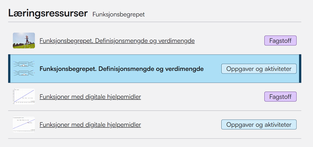 Utklipp som viser ei liste over læringsressurser på NDLA. Den viser at fagstoffsider, eller teorisider, er lilla, og at oppgavesider er lyseblå. Skjermutklipp.