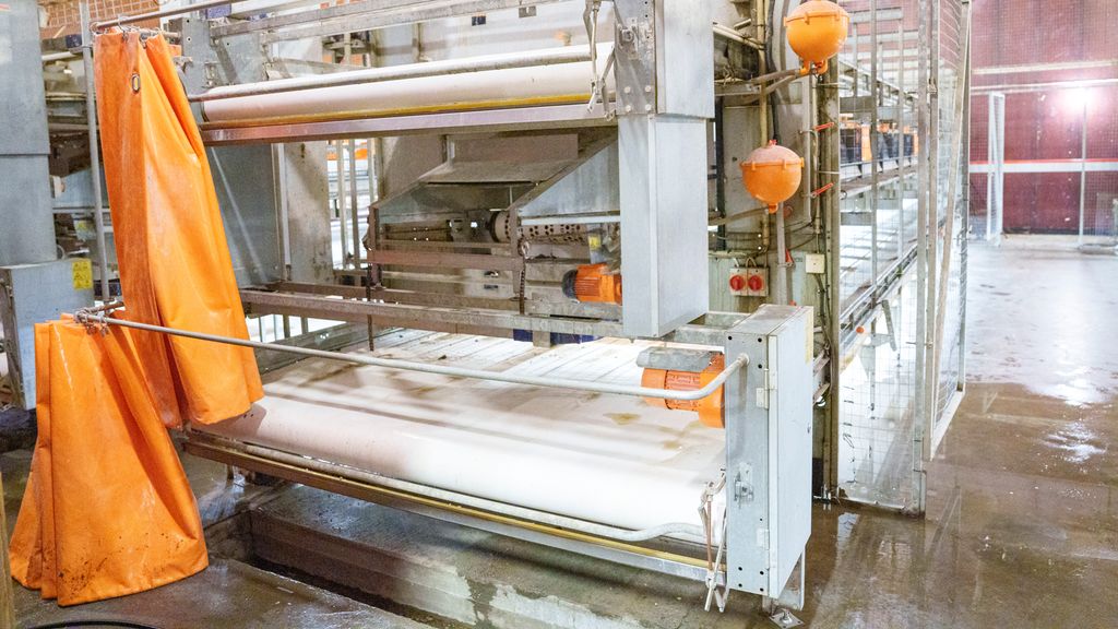 Del av innredning i et hønsehus. Enden av et aviarium for høner. Transportbånd for gjødsel i to høyder. Foto.