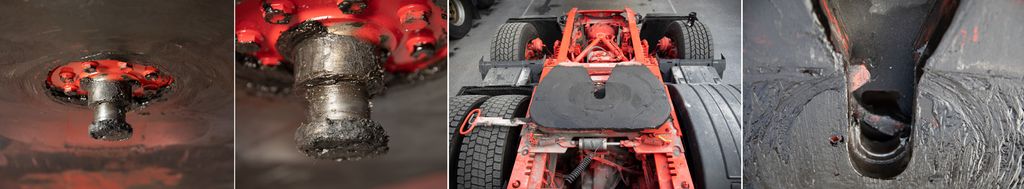 Kollasj som viser kingpin og svingskive på en semitrailer. Foto.