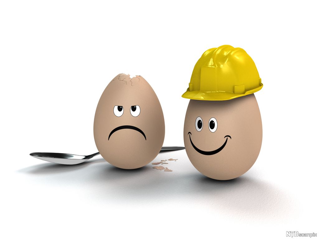 Hjelmbruk illustrert med egg med og uten hjelm. Egget uten hjelm er knust på toppen og ser sur ut, egget med hjelm er helt og ser veldig blid ut. Illustrasjon.