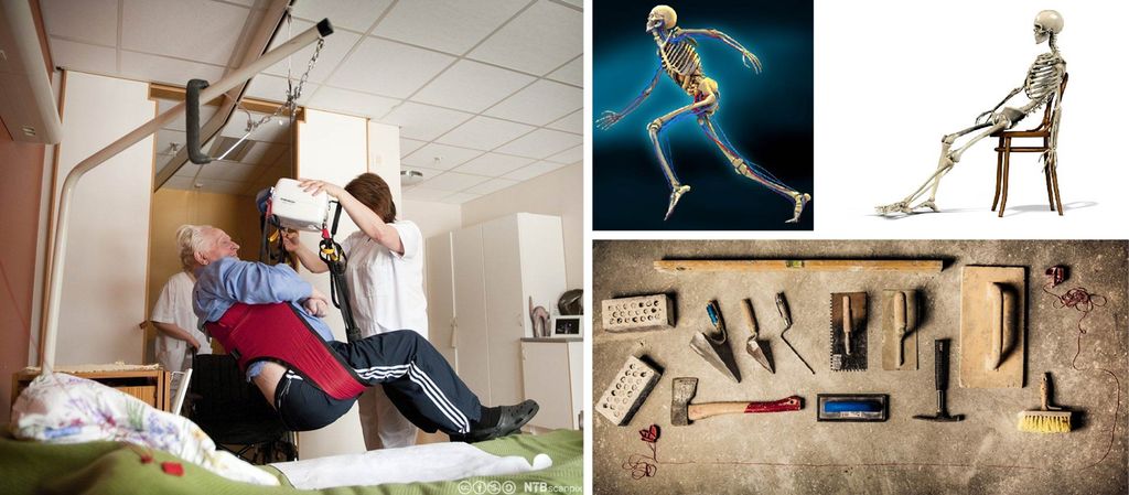 Kollasj med fire bilder. Et foto viser en pasient som løftes over i senga av to sykepleiere ved hjelp av en elektrisk heis. En illustrasjon viser et skjelett som løper. En illustrasjon viser et skjelett som sitter på en stol. Et foto viser en samling murerverktøy plassert utover et gulv.