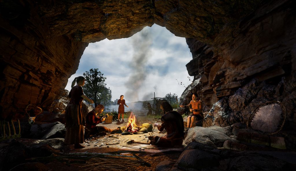 Huleboplass med bål og ulike mennesker rundt bålet. Mennene sitter med spyd og verktøy. Kvinnene går fram og tilbake. Illustrasjon. 