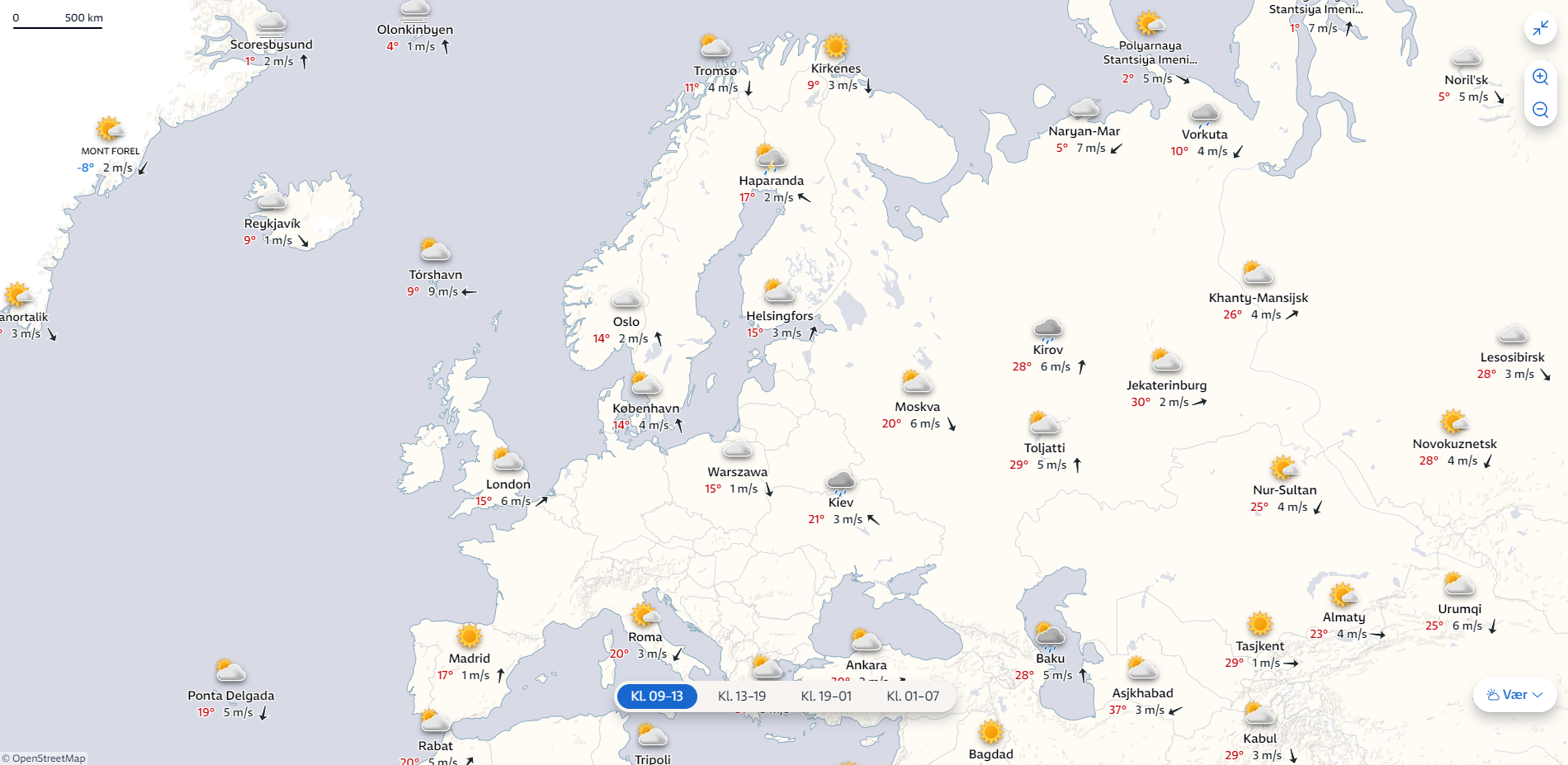 Værkart over Europa med ulike symboler for været på den aktuelle dagen. Symbolene angir om stedene får sol, overskyet eller regn, hvilken temperatur det blir, hvor mye vind det blir, og hvilken retning vinden har. Illustrasjon.