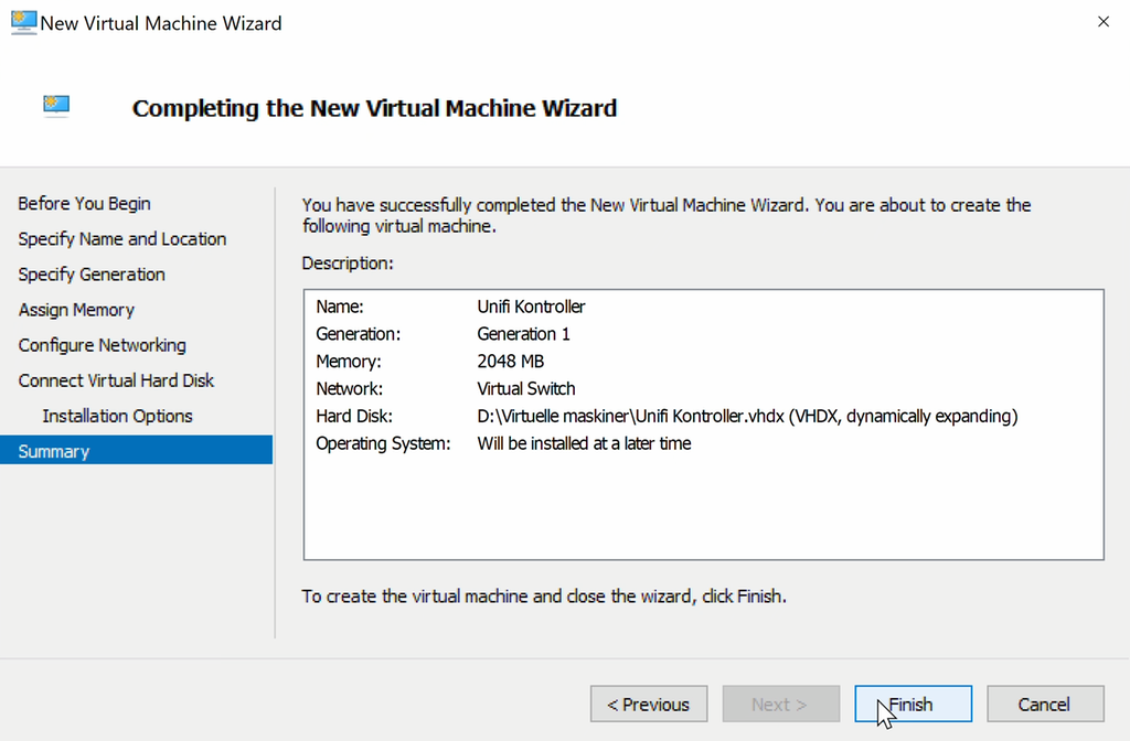 Skjermvindu med oppsummering av konfigurasjon. Musepekeren er over knappen Finish. Skjermbilde.
