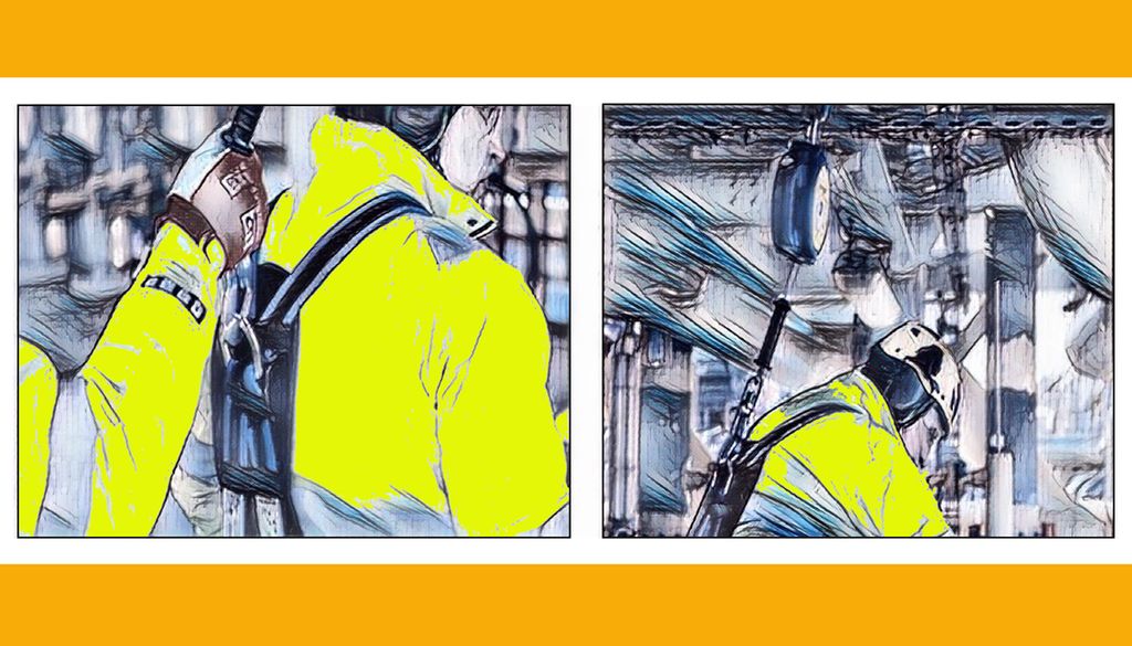 To tegninger. På tegningen til venstre er en arbeider sikret med fallsikringssele på ryggen. En annen person sjekker at utstyret sitter som det skal. På tegningen til høyre vises det at selen er festet i konstruksjonen over arbeideren. Illustrasjon.