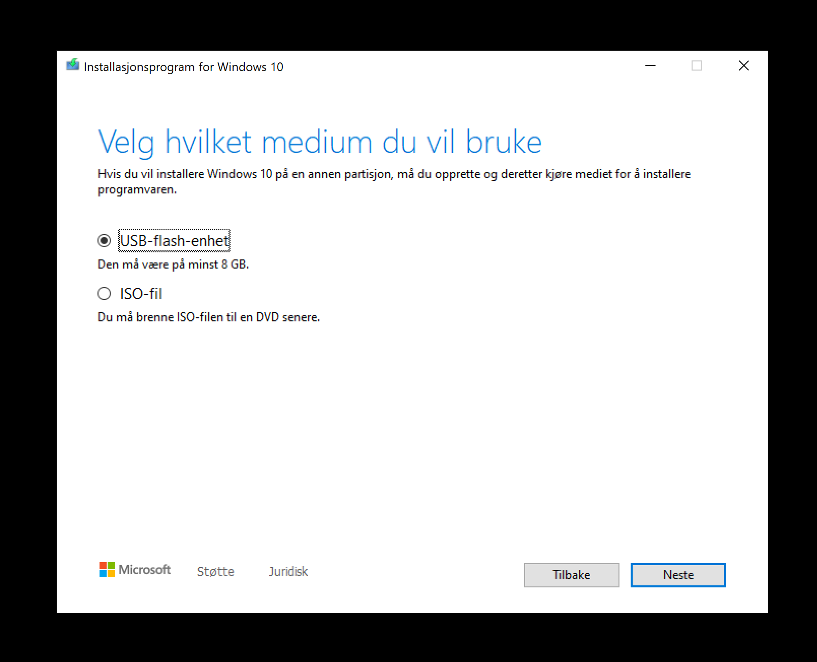 Programvindu med to valg: "USB-flash-enhet" eller "ISO-fil". Skjermbilde.