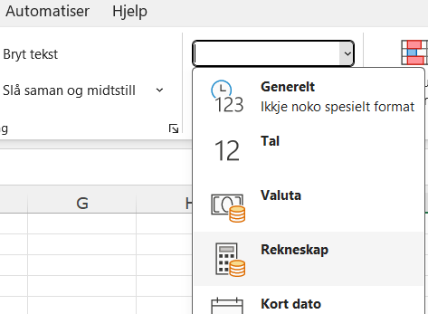 Skjermutklipp frå reknearkprogrammet Excel der nedtrekksmenyen for celleformat er opna og valet "Rekneskap" er utheva. Skjermutklipp.