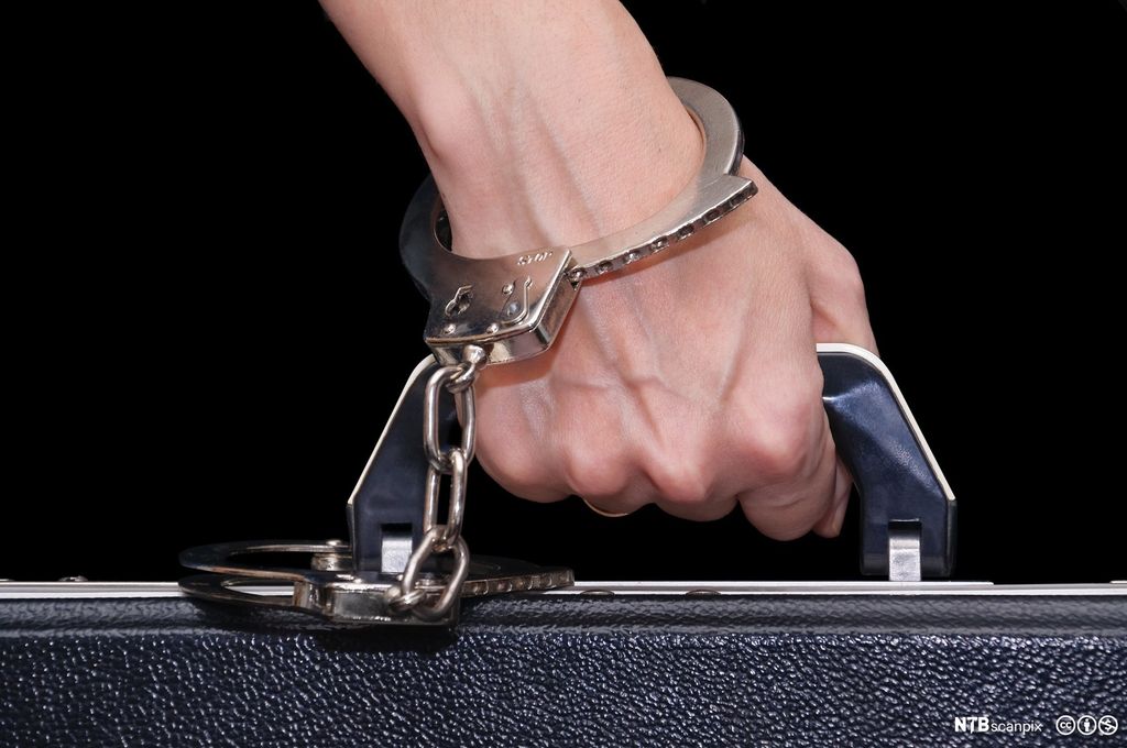 En hånd med sikkerhetslenke på en koffert. Foto.