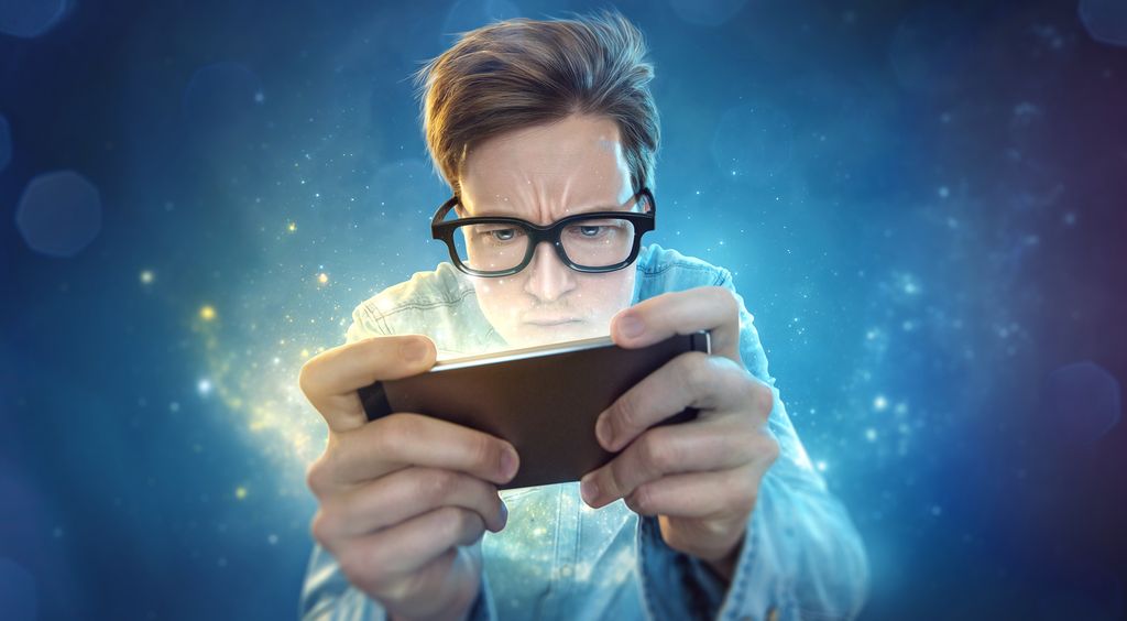 Nerd som spiller på mobilen. Illustrasjon.