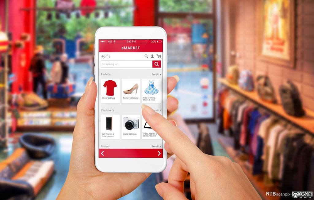 Et par hender som holder en mobiltelefon og driver med nettshopping, og som samtidig befinner seg inne i en fysisk butikk som synes i bakgrunnen. Foto.
