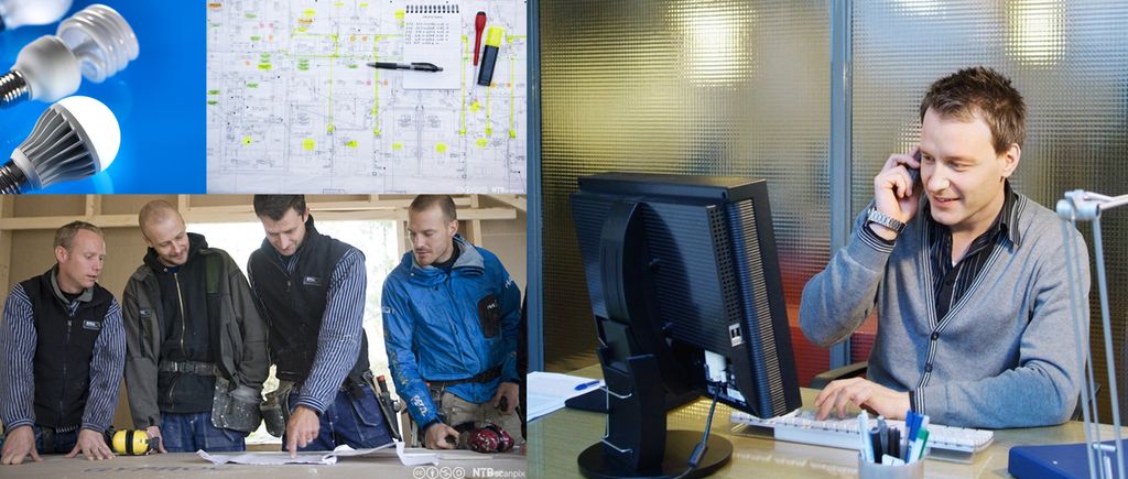 Lys, arbeistegning, arbeidere ser på tegning og mann sitter foran pc mens han snakker i telefonen. Bilderekke.