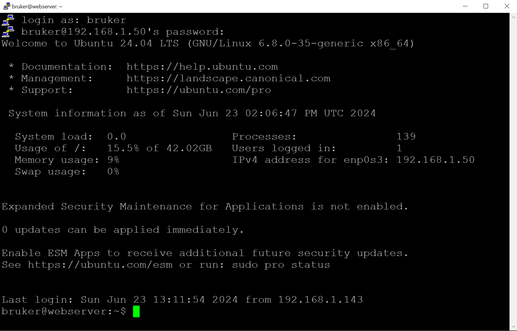 Terminalvindu med mange linjer med statusinformasjon. På bunnen er en linje som viser at maskinen er klar for tekstkommandoer. Skjermbilde.