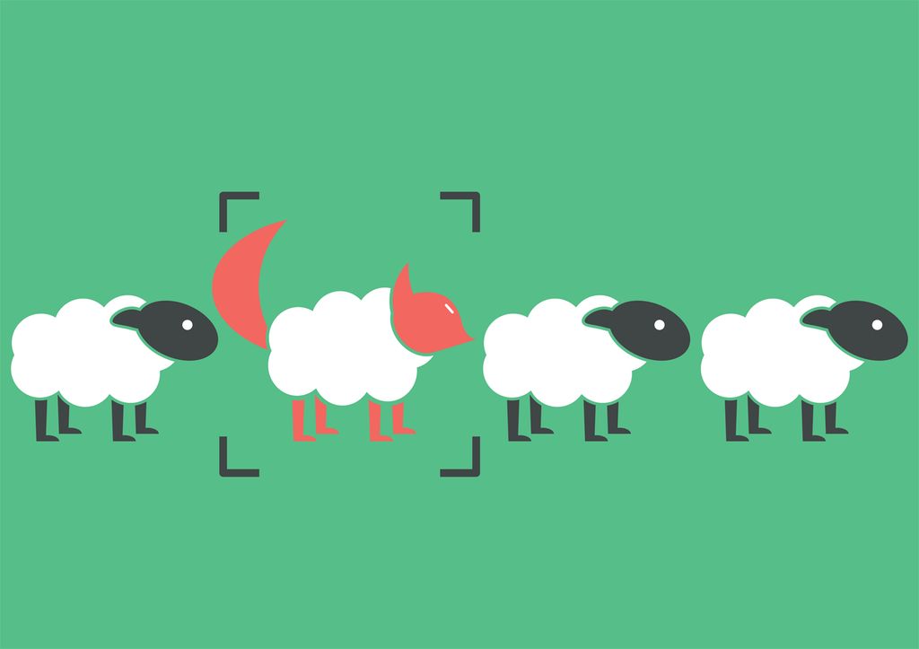 Fire ulldekkede dyr står på rekke. Tre av dem er sauer, mens den fjerde har spissere snute og en stor hale – en ulv. Illustrasjon.