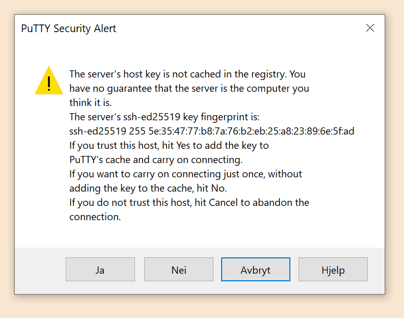 Popup med advarsel og knapper for å gå videre eller stoppe. Skjermbilde.