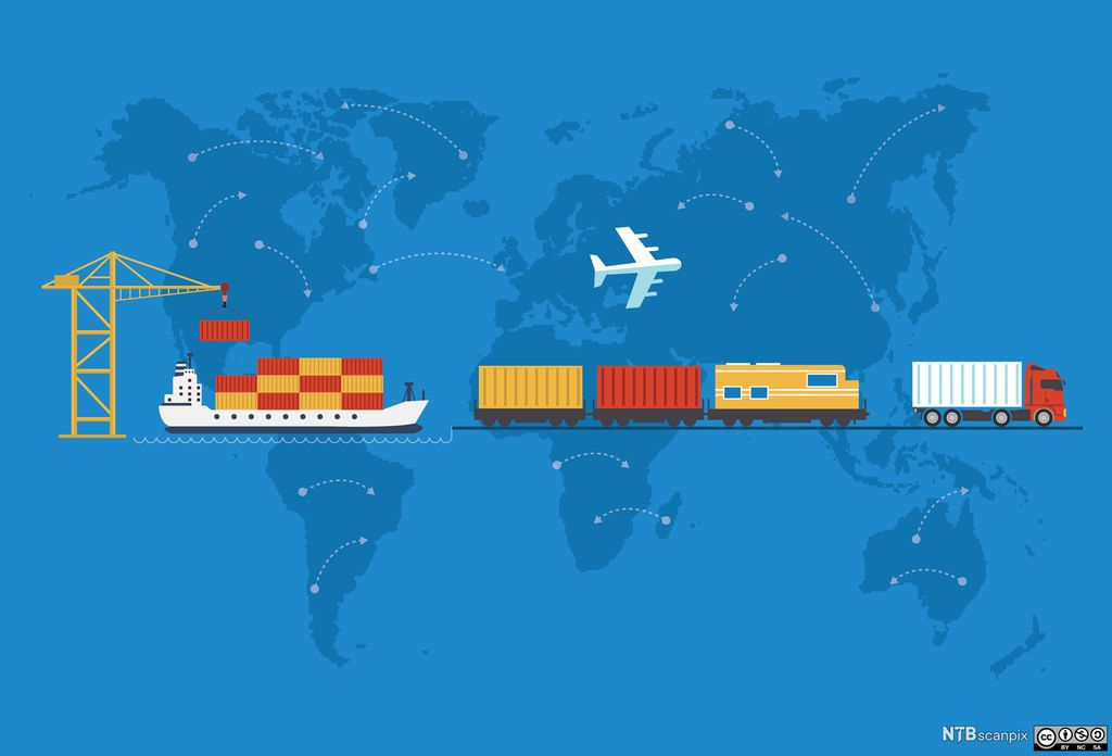 Forskjellige transporttjenester over et verdenskart: konteinerskip, godstog, lastebil og fly. Illustrasjon.