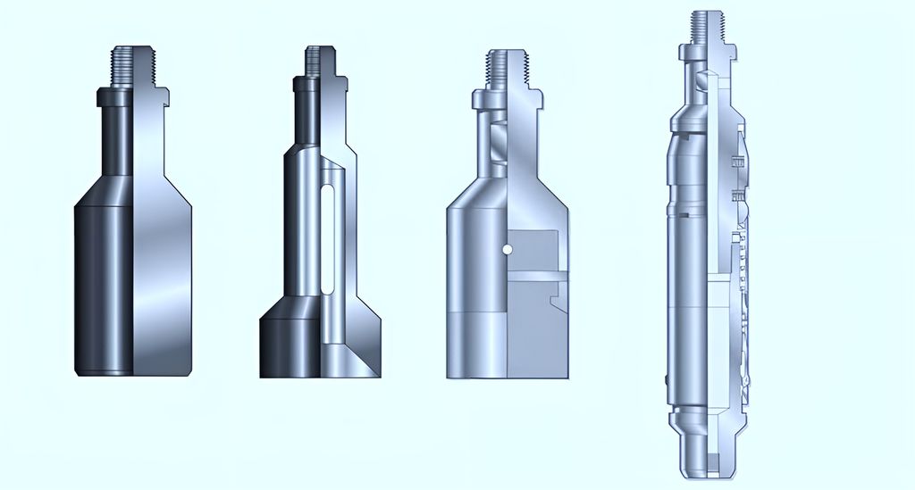 Fire ulike verktøy som brukes til kabeloperasjoner i brønnen. Alle har samme profil i toppen under festepunktet. Profilen kalles en fiskenakke. Profilen brukes til å hente ut verktøyet dersom noen mister det i brønnen. Illustrasjon.