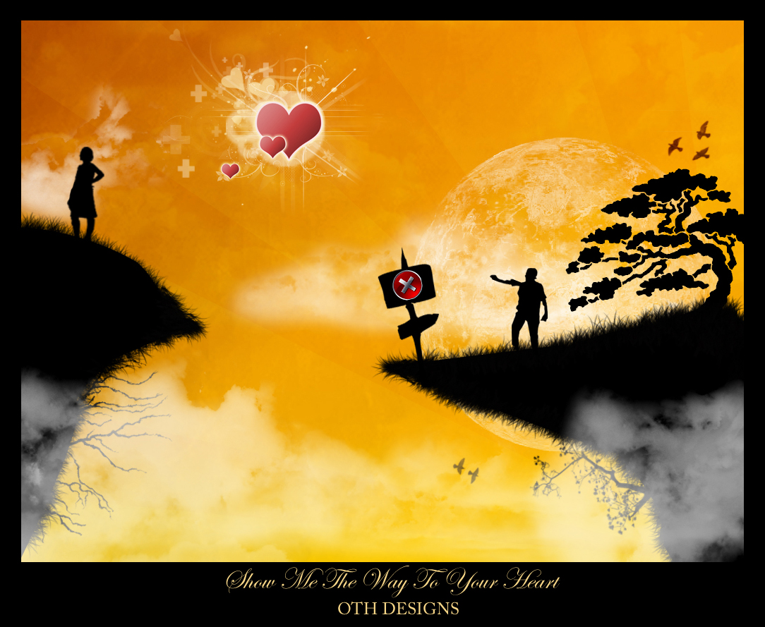Photo art of woman and man each on a seperate cliff, the man is reaching out to the woman. 