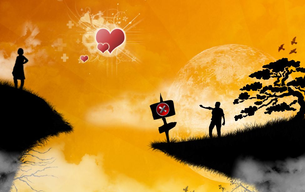 Photo art of woman and man each on a seperate cliff, the man is reaching out to the woman.