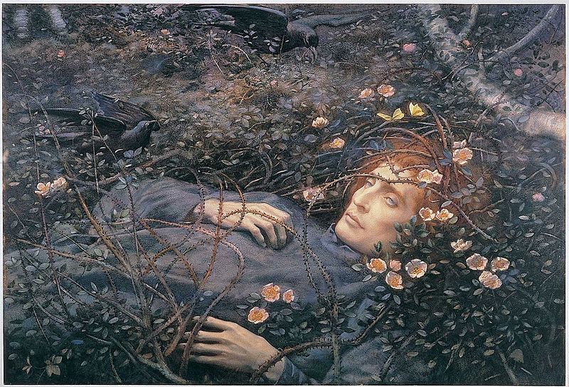 A man in blue clothes, eyes open, flowers around him. The man may be dead. Painting.