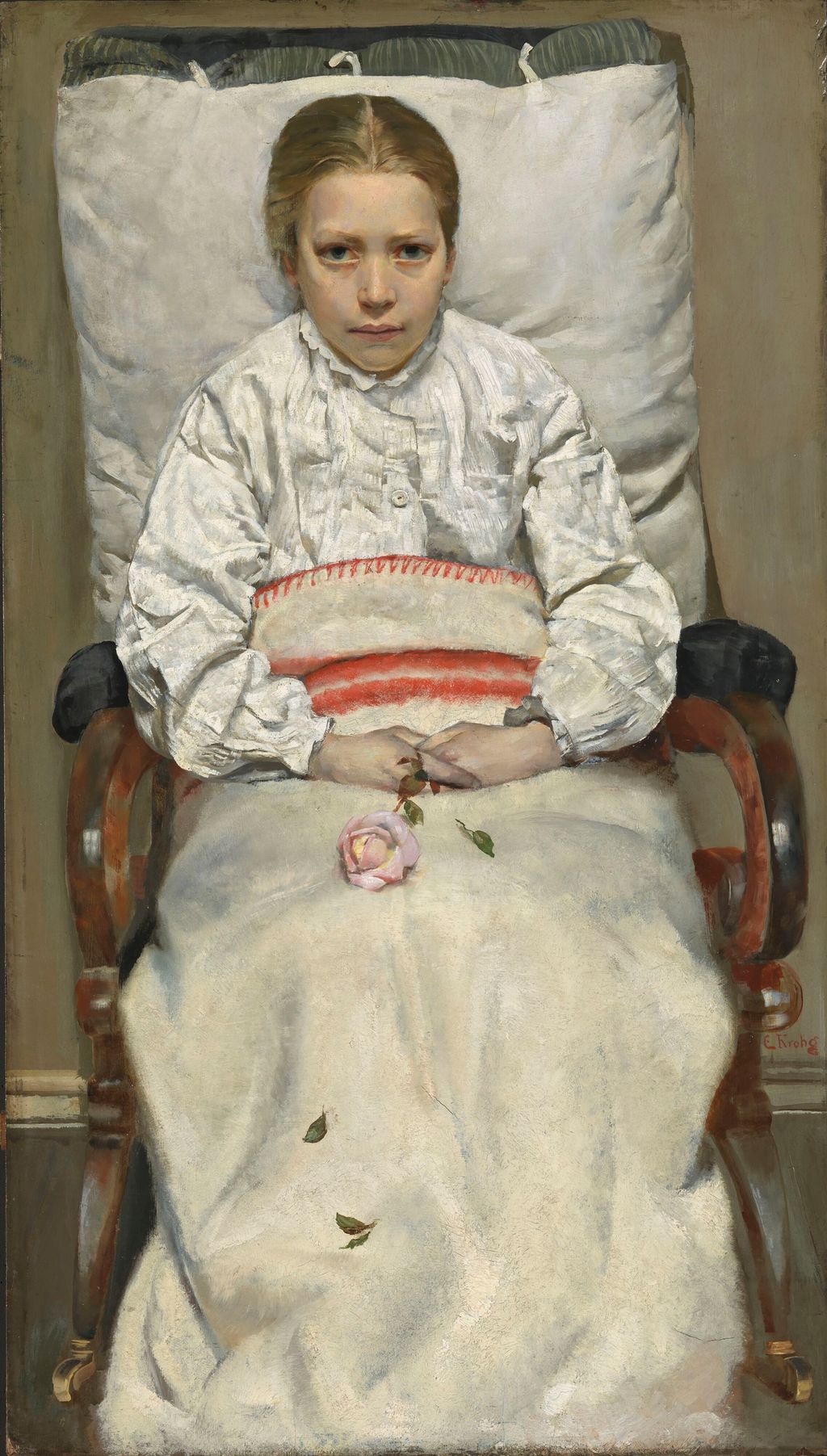Oljemaleri av ei blek jente som sitter i en stol under et teppe og holder en visnende rose i fanget. Foto.