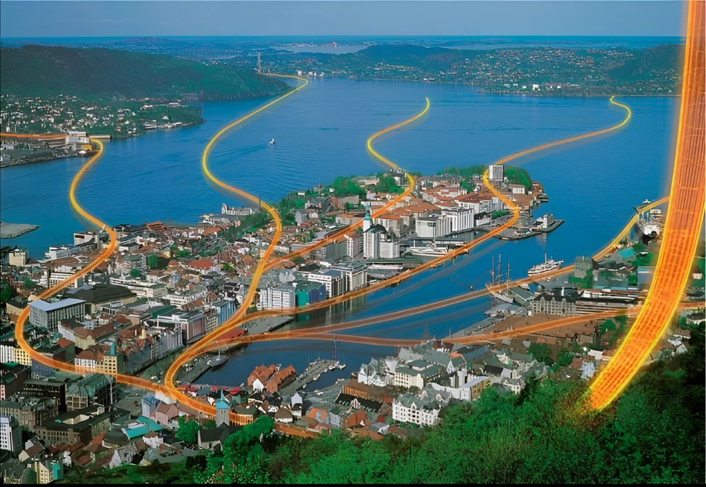 Brønnutbredelse over Bergen, sett fra Fløyen. Illustrasjon.
