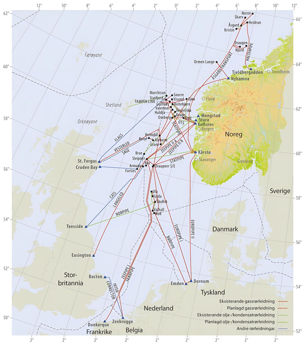 Oversikt over gassrør (røde) og oljerør (grønne) på norsk sokkel. Kart.