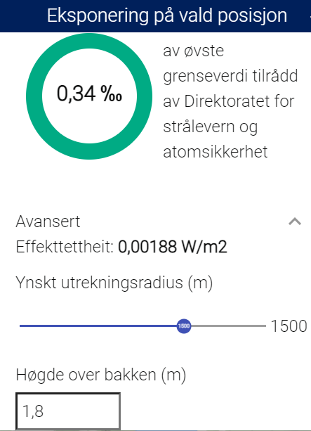 Skjermbilete frå nettside som viser kor mykje stråling ein blir utsett for på eit bestemd stad, og kor stor del dette utgjer av tilrådde grenseverdiar. Illustrasjon.
