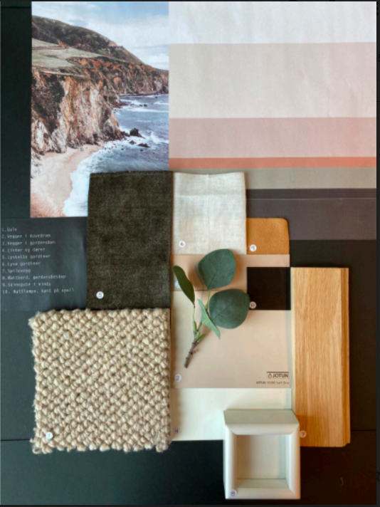 Fargepalett og materialprøver montert på en plansje. Foto.