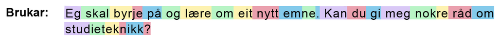 Setninga "Eg skal byrje på og lære om eit nytt emne. Kan du gi meg nokre råd om studieteknikk?". Ord, delar av ord og teikn er utheva i ulike fargar. Illustrasjon.