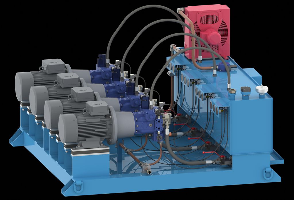 Hydraulisk pumpestasjon med enhetspumper og enhetsventiler. Foto.