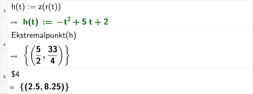 Skjermutklipp av CAS-feltet i GeoGebra. På linje 3 er h av t definert som z av r av t. På linje 4 er kommandoen Ekstremalpunkt med argumentet h funnet til å være punktet med koordinatene 5 halve og 33 fjerdedeler. På linje 5 er det skrevet dollartegn 4. Svaret med tilnærming er punktet med koordinatene 2,5 og 8,25. Skjermutklipp.