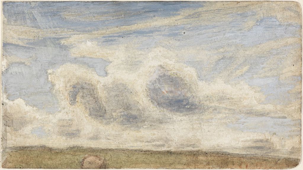 Landskap med høg himmel gjengitt med blyant, akvarell og gouache på papir. Foto.
