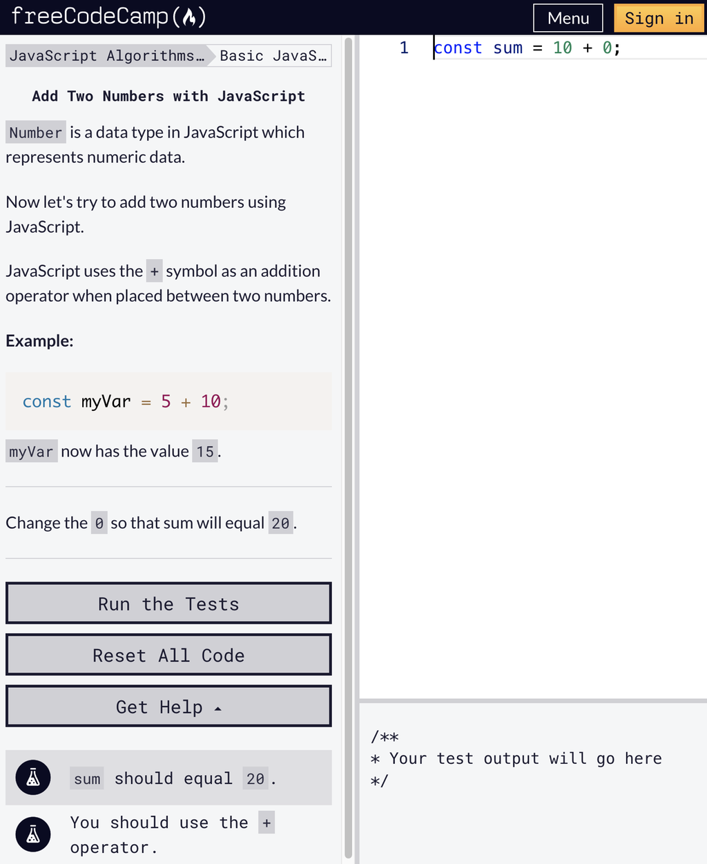 Skjermbilde fra JavaScript-kurs hos freeCodeCamp. Skjermbilde.