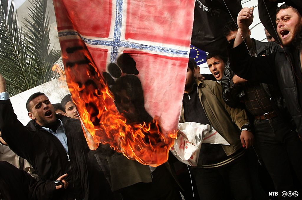 Demonstranter brenner et norsk flagg. Foto.