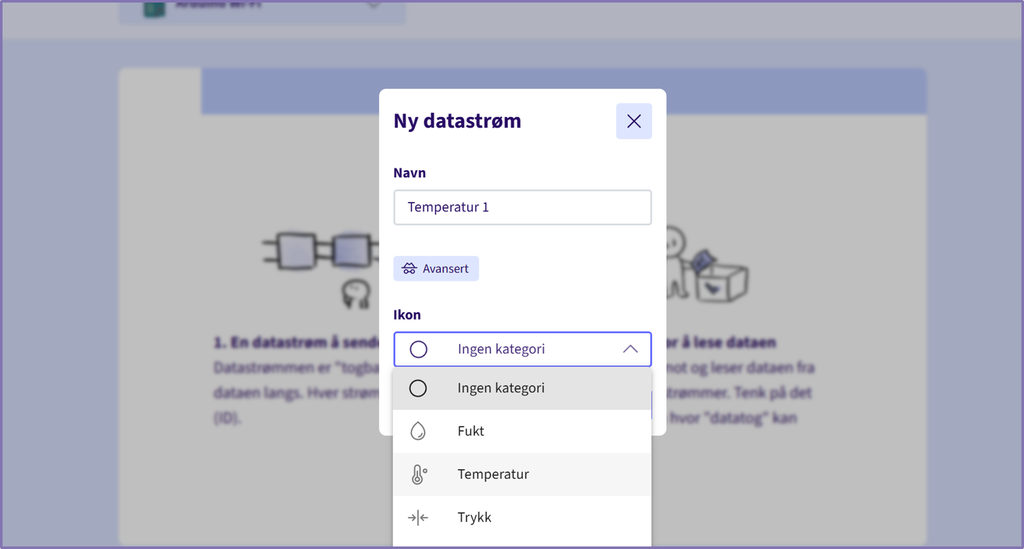 Skjermbilde fra programvaren Deploii som viser en nedtrekksmeny med ulike ikoner som kan velges for ulike kategorier, som vanndråpe for fukt, termometer for temperatur og to piler mot hverandre med en strek imellom for trykk. Skjermutklipp.