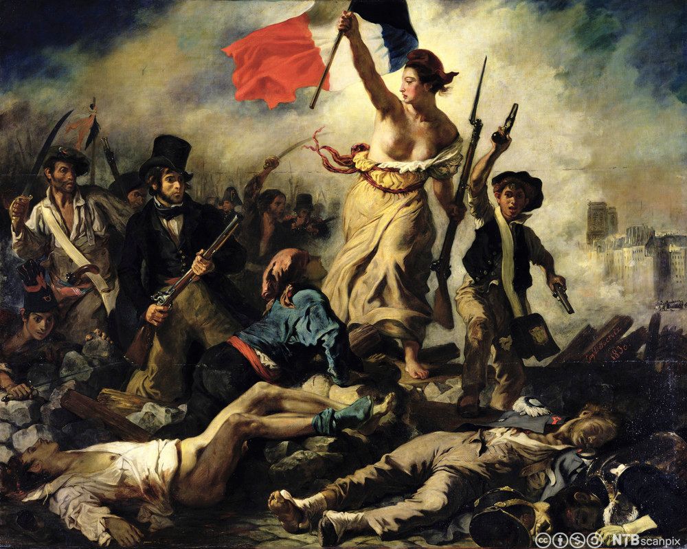 Fridomen på barrikadane. Kunstverk med motiv frå den franske revolusjonen av 1830. Måleri. 