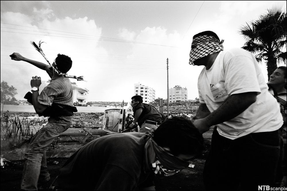 Fire unggutar med tildekte ansikt i aksjon. Foto.