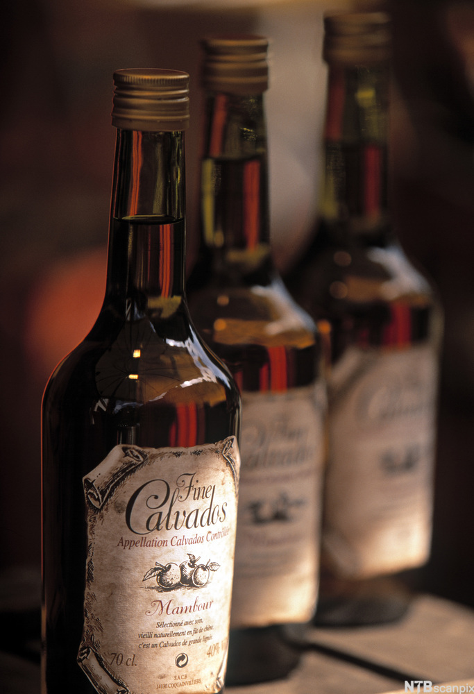 Tre flasker calvados med skrukork. Foto.