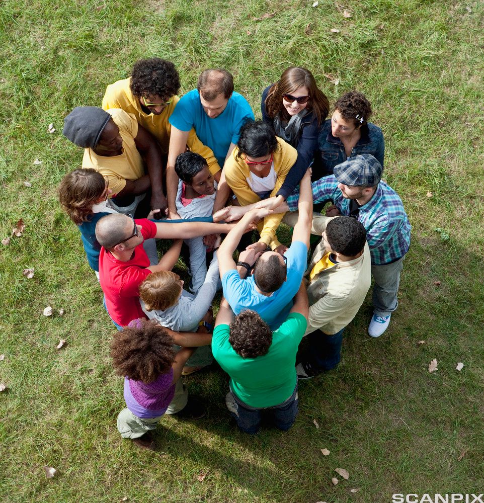 Ei gruppe med positive mennesker står på gresset og tar hverandre i hendene. Til sammen danner de en slags floke. Foto.