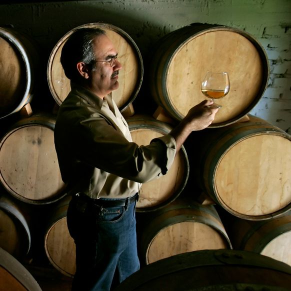 En mann står med et glass i hånda foran flere store tønner. Foto.