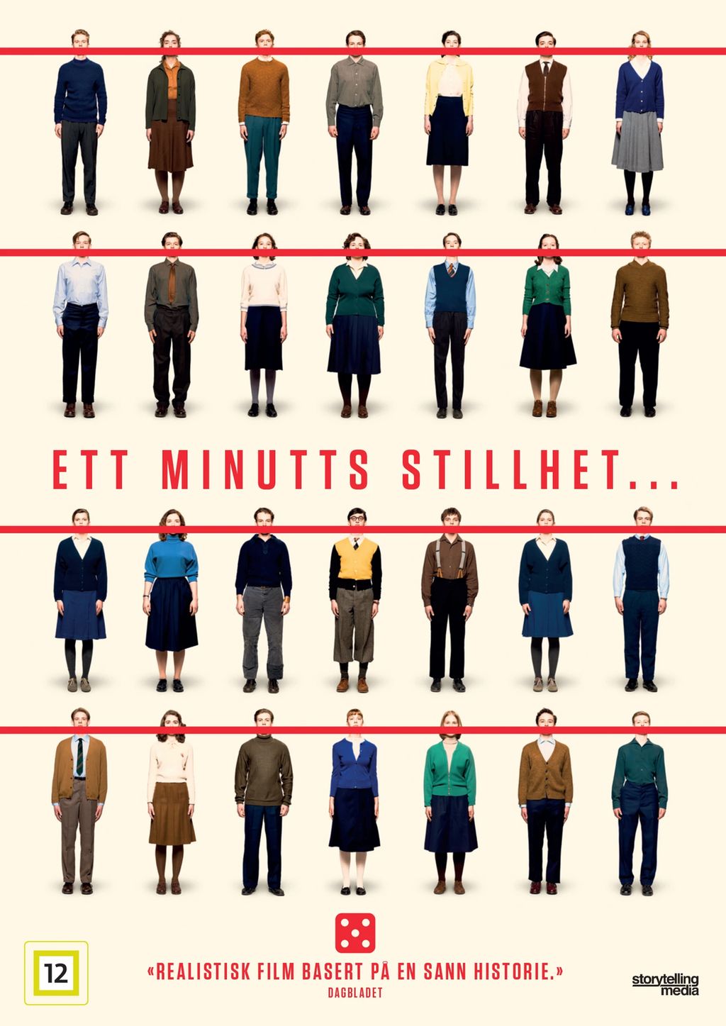 Filmplakat til filmen "Ett minutts stillhet". Plakaten er dekt med 28 totalbilder av unge mennesker. 