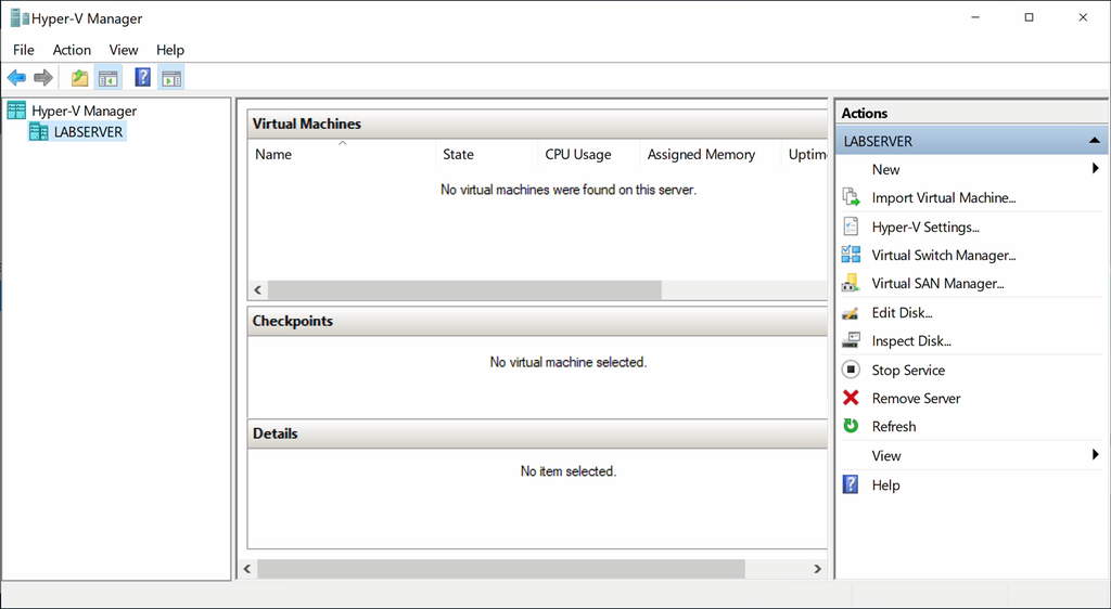 Hovedsiden til programmet Hyper-V. Skjermen er delt i tre kolonner, hvor den til venstre viser servere som har Hyper-V installert (flere kan settes til å arbeide sammen). Kolonnen i midten gir informasjon om eventuelle virtuelle maskiner som er satt opp. Til høyre er det en liste over handlinger som kan gjøres for å opprette og styre de virtuelle maskinene. Skjermbilde.