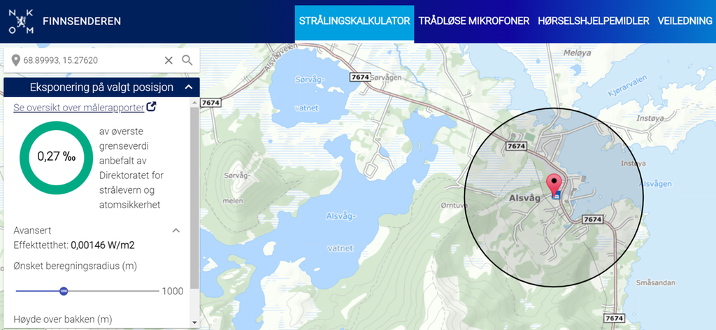Skjermbilde fra nettstedet finnsenderen.no som viser hvor mye stråling du utsettes for hvis du befinner deg på det stedet som er markert i et kart, i eksempelet 0,27 promille av øverste grenseverdi. Illustrasjon.