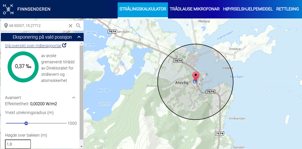 Skjermbilete frå nettstaden finnsenderen.no som viser kor mykje stråling du blir utsett for dersom du er på den staden som er markert i eit kart, i dømet 0,27 promille av øvste grenseverdi. Illustrasjon.