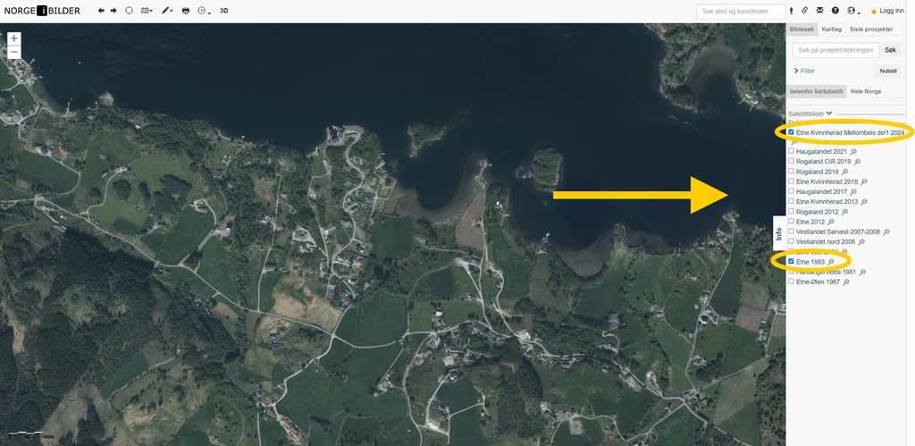 Flyfoto fra tjenesten Norge i bilder. Bildet viser et landskap med åkre, skog og veier ved en fjord. Ei gul pil peker mot høyremenyen, der årene 1993 og 2024 er valgt. Skjermutklipp.