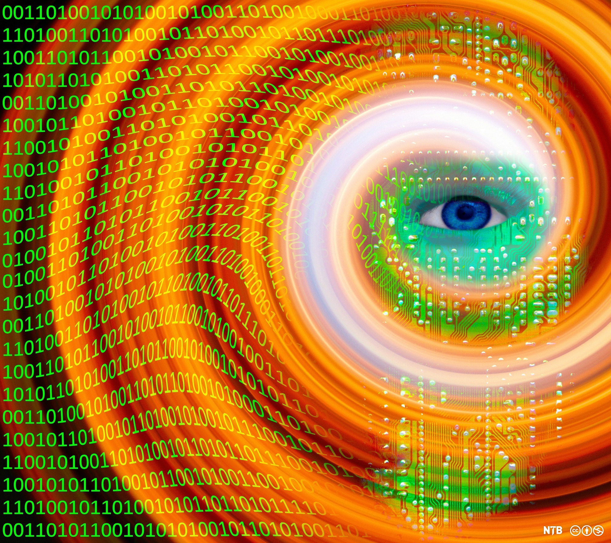 Eye inside a swirl of colour and binary numbers. Illustration.