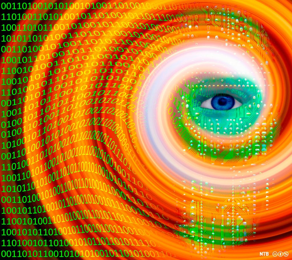 Eye inside a swirl of colour and binary numbers. Illustration.